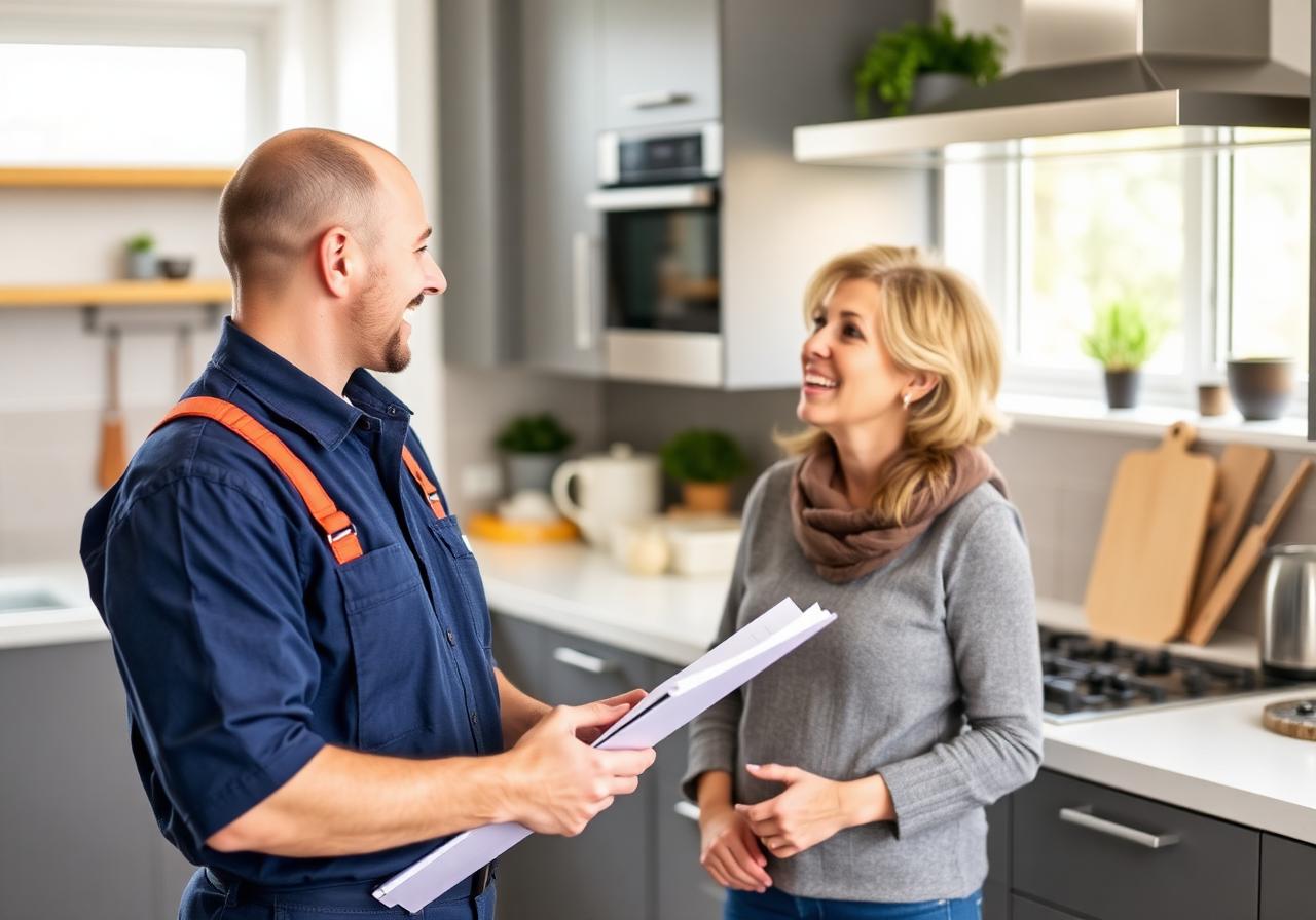 Web Design Cardiff — British plumber discussing work with a happy client in a Cardiff home